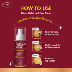 T1B Instant Copper, Brass & Bronze Cleaner Spray | Plant Based Non Toxic Metal Polish | Tarnish & Oxidation Removal for Utensils, Idols, Diyas, Cookware & Drinkware | Zero Abrasives & Scratches(150ml)