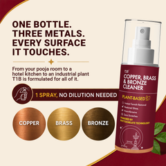 T1B Instant Copper, Brass & Bronze Cleaner Spray | Plant Based Non Toxic Metal Polish | Tarnish & Oxidation Removal for Utensils, Idols, Diyas, Cookware & Drinkware | Zero Abrasives & Scratches(150ml)