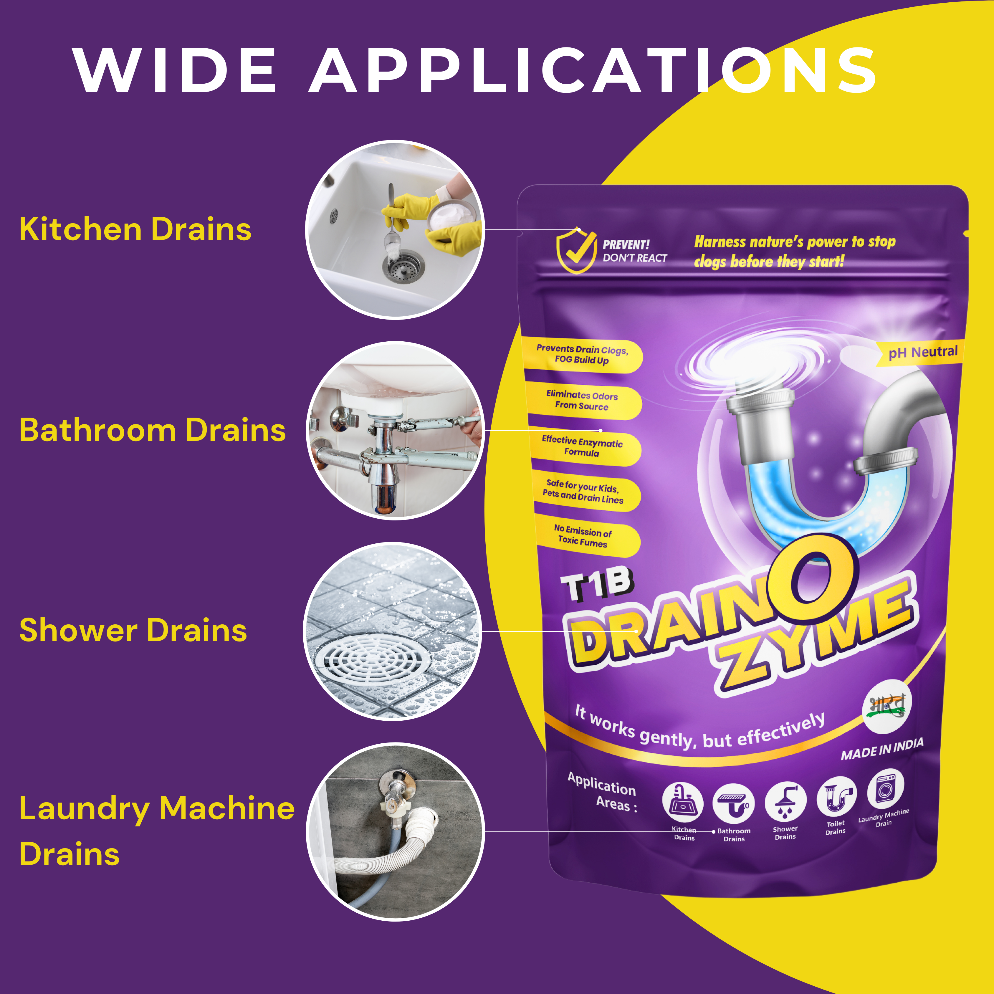 T1B Drain O Zyme - Enzyme Based Drain Cleaner, Eliminates Drainage Smell, Drainage Block Remover Prevents Clogs and FOG Buildup, Safe For All Pipes & Eco-Friendly, 2 Months Supply (Pack of 1-250 gm)