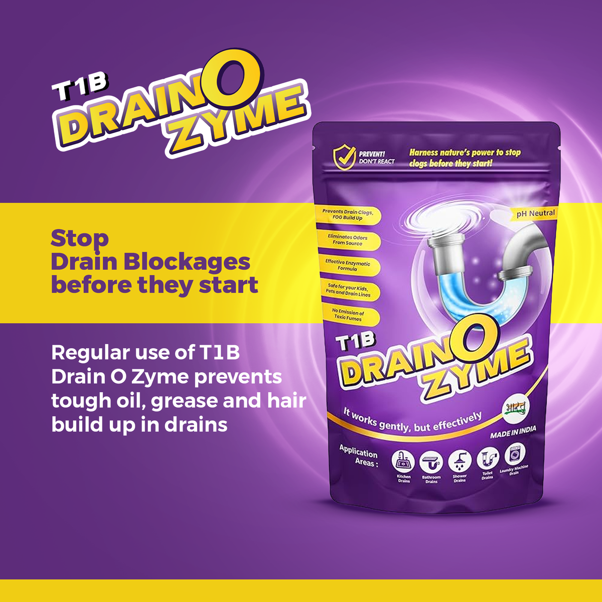 T1B Drain O Zyme Drain Cleaner Powder - Enzyme Based - Removes Odour, Clogs & Blockages from Kitchen, Bathroom & Commercial Drains, Safe For All Pipes - 250 gm