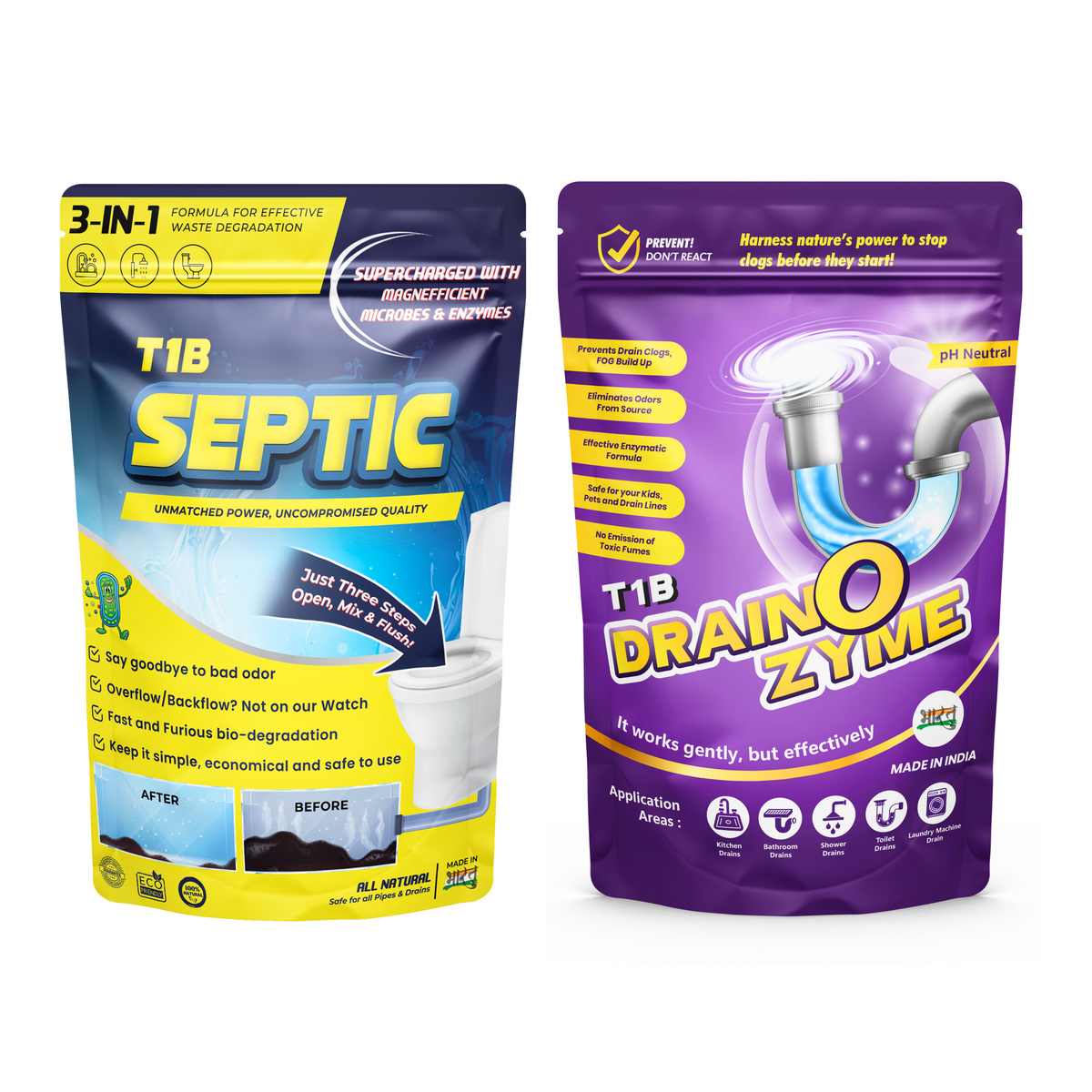 T1B Septic Cleaner & Drain O Zyme Combo Pack | Eliminates Odor, Prevents Clogs Powder Drain Opener  (500 g, Pack of 2)