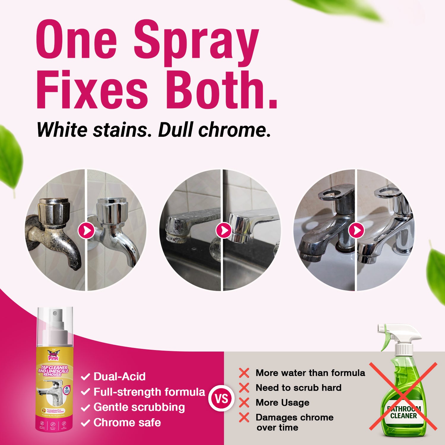 T1B Powerful Tap & Shower Cleaner Spray | Limescale & Hard Water Stain Remover | Plant-Based Bathroom Cleaner for Taps, Basins, Tiles, Mirrors - Chrome Safe | Home & Commercial Use - 150ml