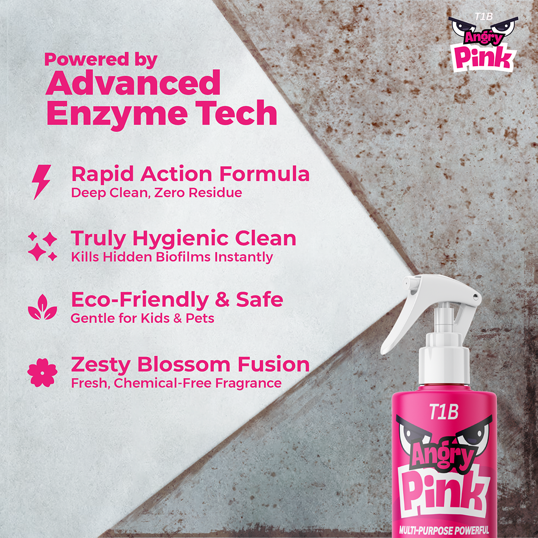 T1B Angry Pink | Enzyme Based Powerful Multifunctional Cleaner - 400ml | Suitable for Stoves, Chimneys, Washroom & Bathroom, Home Appliances & Glass | Kitchen Cleaning Spray Removes Grease & Grime