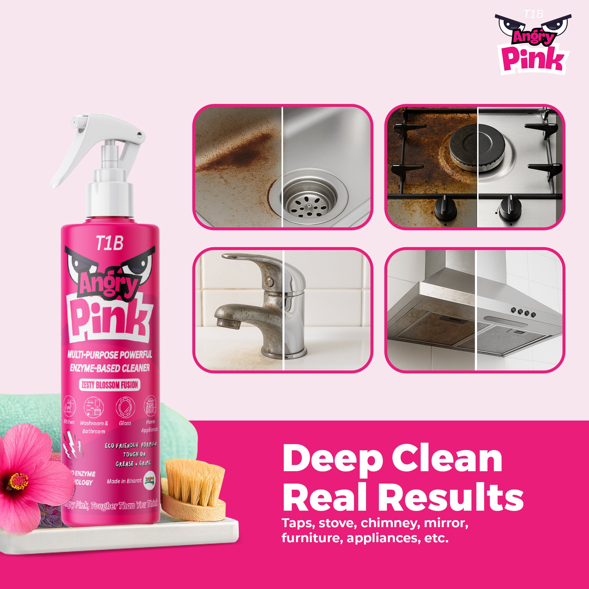 T1B Angry Pink | Enzyme Based Powerful Multifunctional Cleaner - 400ml | Suitable for Stoves, Chimneys, Washroom & Bathroom, Home Appliances & Glass | Kitchen Cleaning Spray Removes Grease & Grime