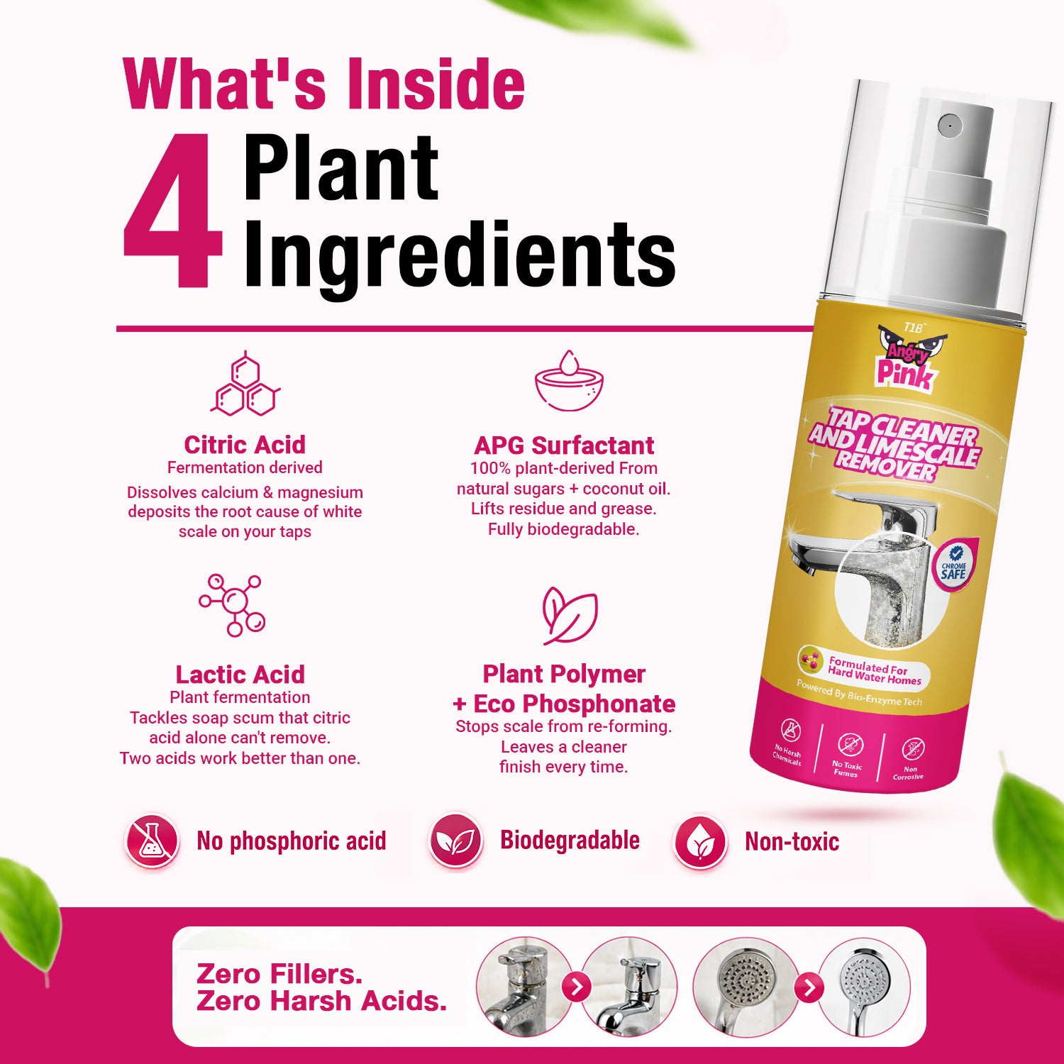 T1B Powerful Tap & Shower Cleaner Spray | Limescale & Hard Water Stain Remover | Plant-Based Bathroom Cleaner for Taps, Basins, Tiles, Mirrors - Chrome Safe | Home & Commercial Use - 150ml