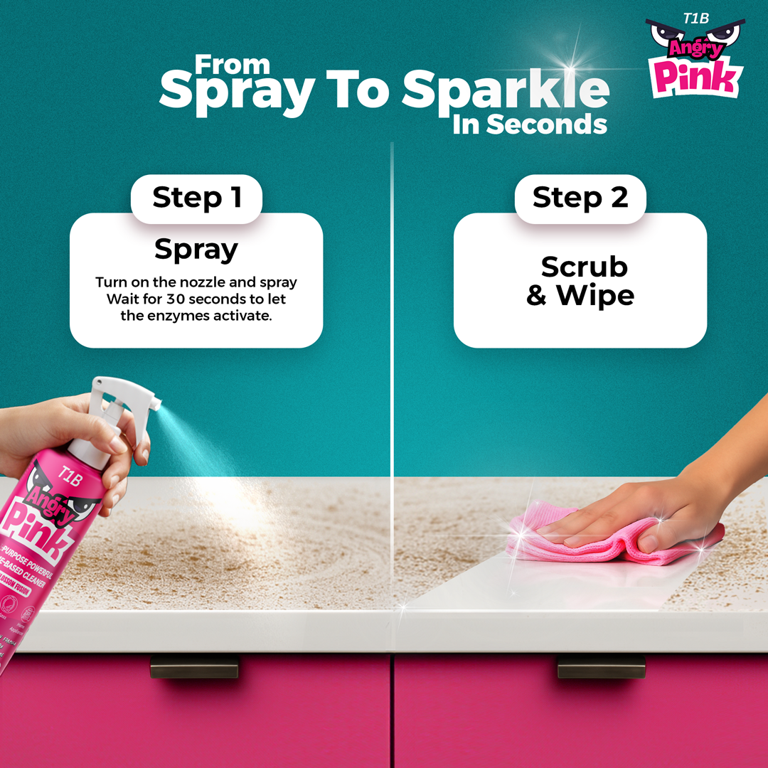 T1B Angry Pink | Enzyme Based Powerful Multifunctional Cleaner - 400ml | Suitable for Stoves, Chimneys, Washroom & Bathroom, Home Appliances & Glass | Kitchen Cleaning Spray Removes Grease & Grime
