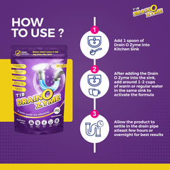 T1B Drain O Zyme Drain Cleaner Powder - Enzyme Based - Removes Odour, Clogs & Blockages from Kitchen, Bathroom & Commercial Drains, Safe For All Pipes - 250 gm
