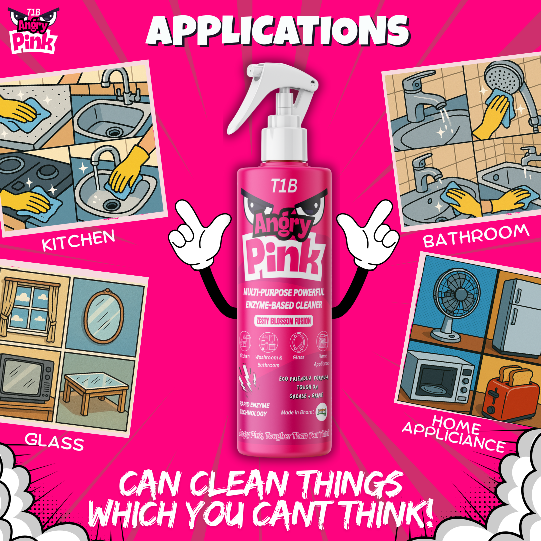 T1B Angry Pink | Enzyme Based Powerful Multifunctional Cleaner - 400ml | Suitable for Stoves, Chimneys, Washroom & Bathroom, Home Appliances & Glass | Kitchen Cleaning Spray Removes Grease & Grime