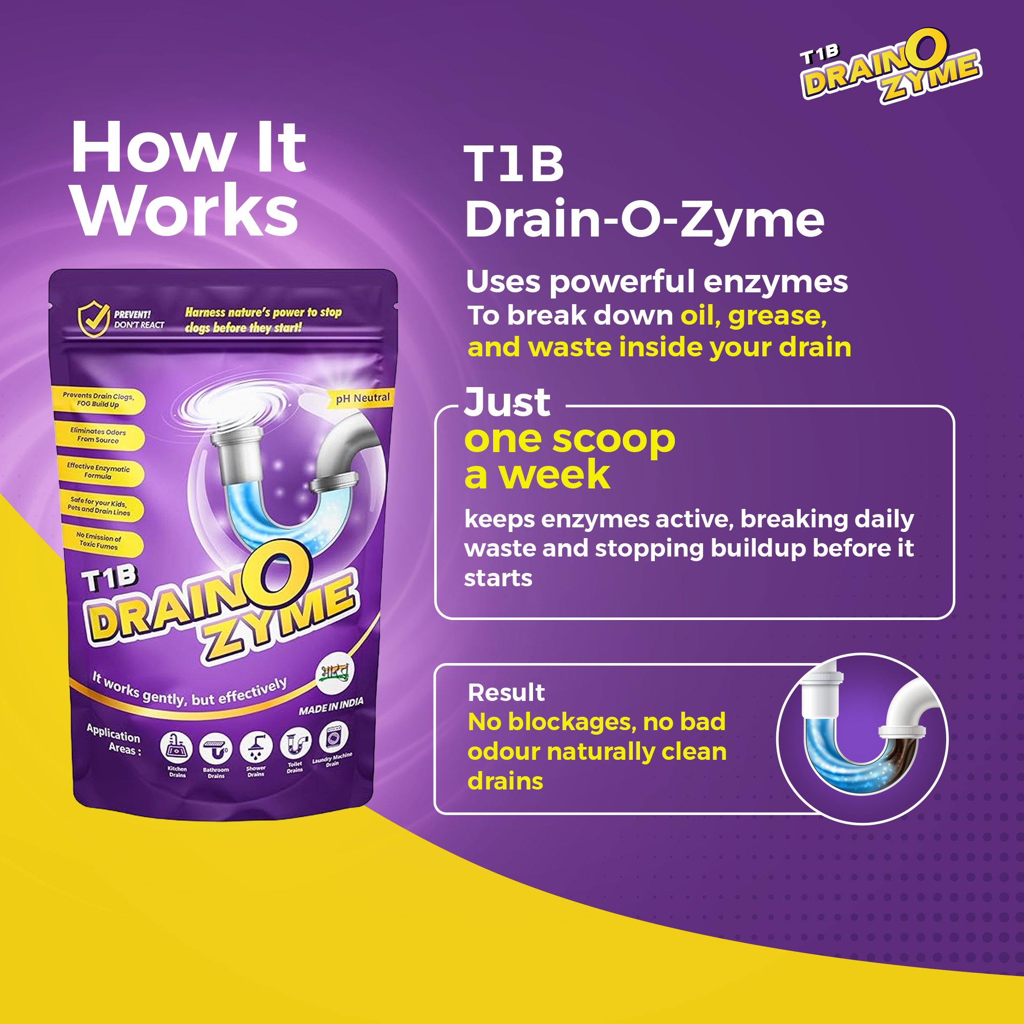 T1B Drain O Zyme Drain Cleaner Powder - Enzyme Based - Removes Odour, Clogs & Blockages from Kitchen, Bathroom & Commercial Drains, Safe For All Pipes - 250 gm