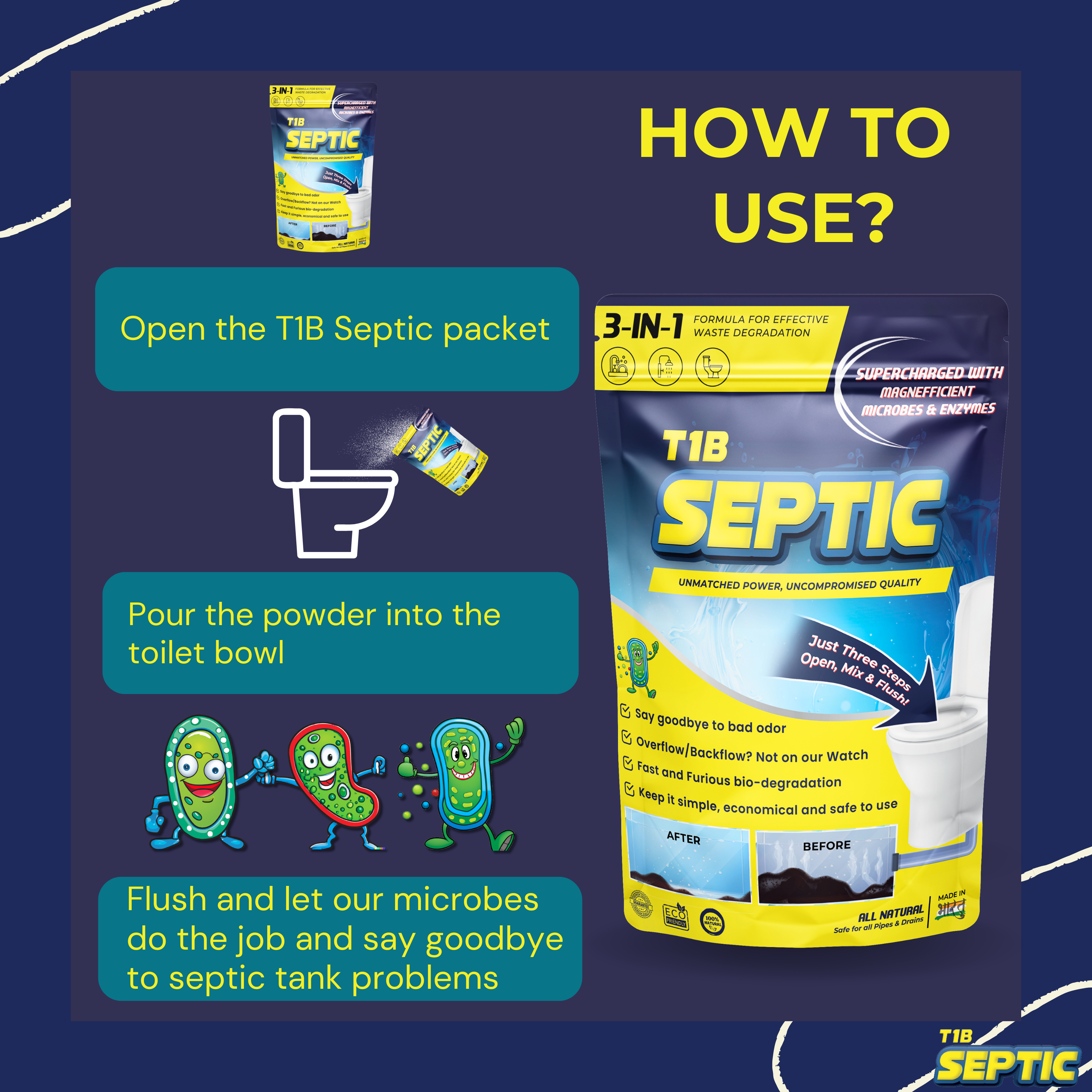 T1B Septic Tank Cleaner | 3-In-1 Formula Degrades Kitchen, Bathroom & Toilet Waste | Pack of 1 (250 gram)