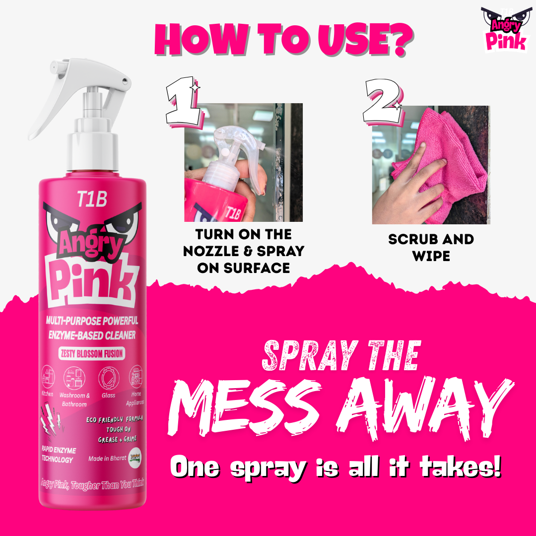 T1B Angry Pink | Enzyme Based Powerful Multifunctional Cleaner - 400ml | Suitable for Stoves, Chimneys, Washroom & Bathroom, Home Appliances & Glass | Kitchen Cleaning Spray Removes Grease & Grime
