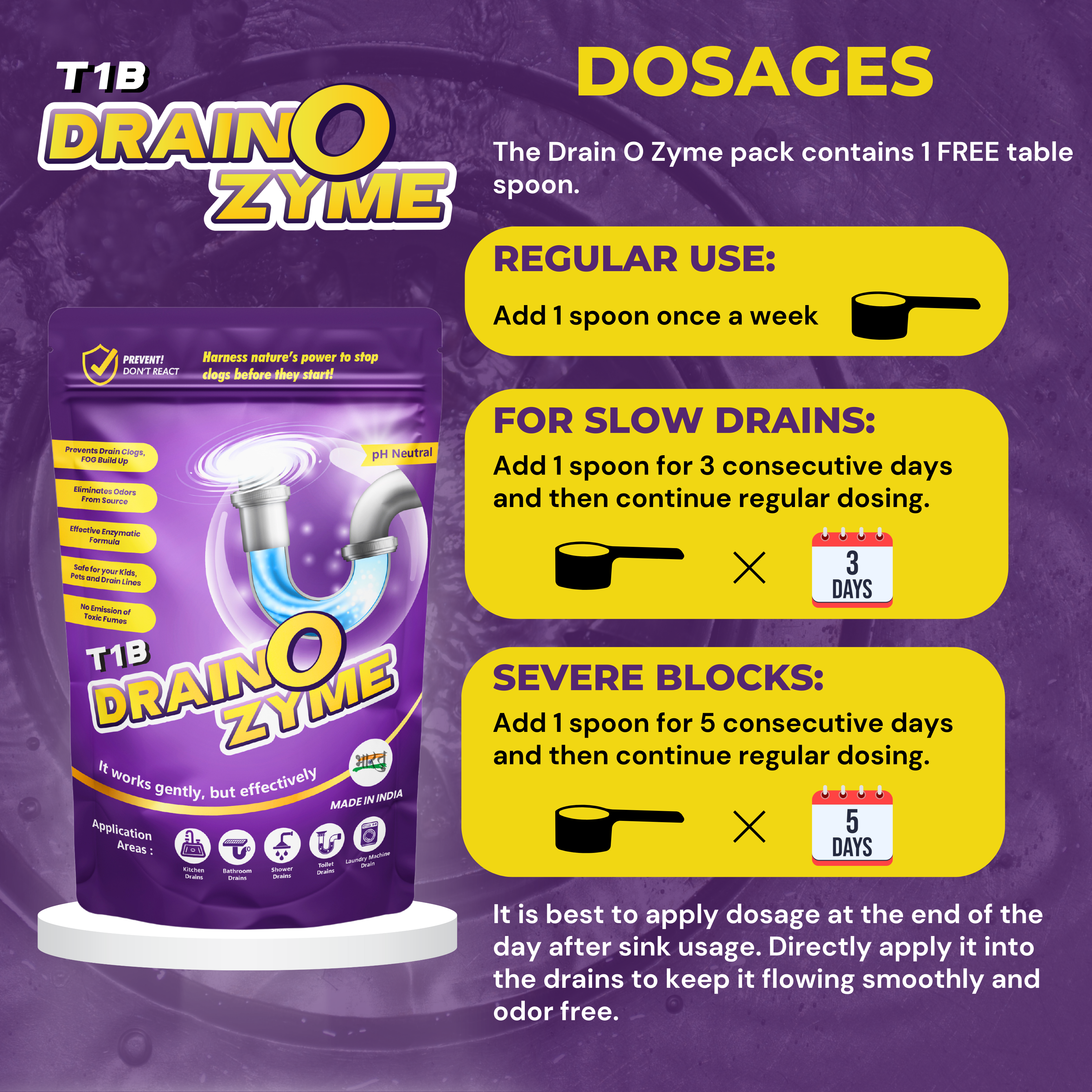 T1B Drain O Zyme - Enzyme Based Drain Cleaner, Eliminates Drainage Smell, Drainage Block Remover Prevents Clogs and FOG Buildup, Safe For All Pipes & Eco-Friendly, 2 Months Supply (Pack of 1-250 gm)