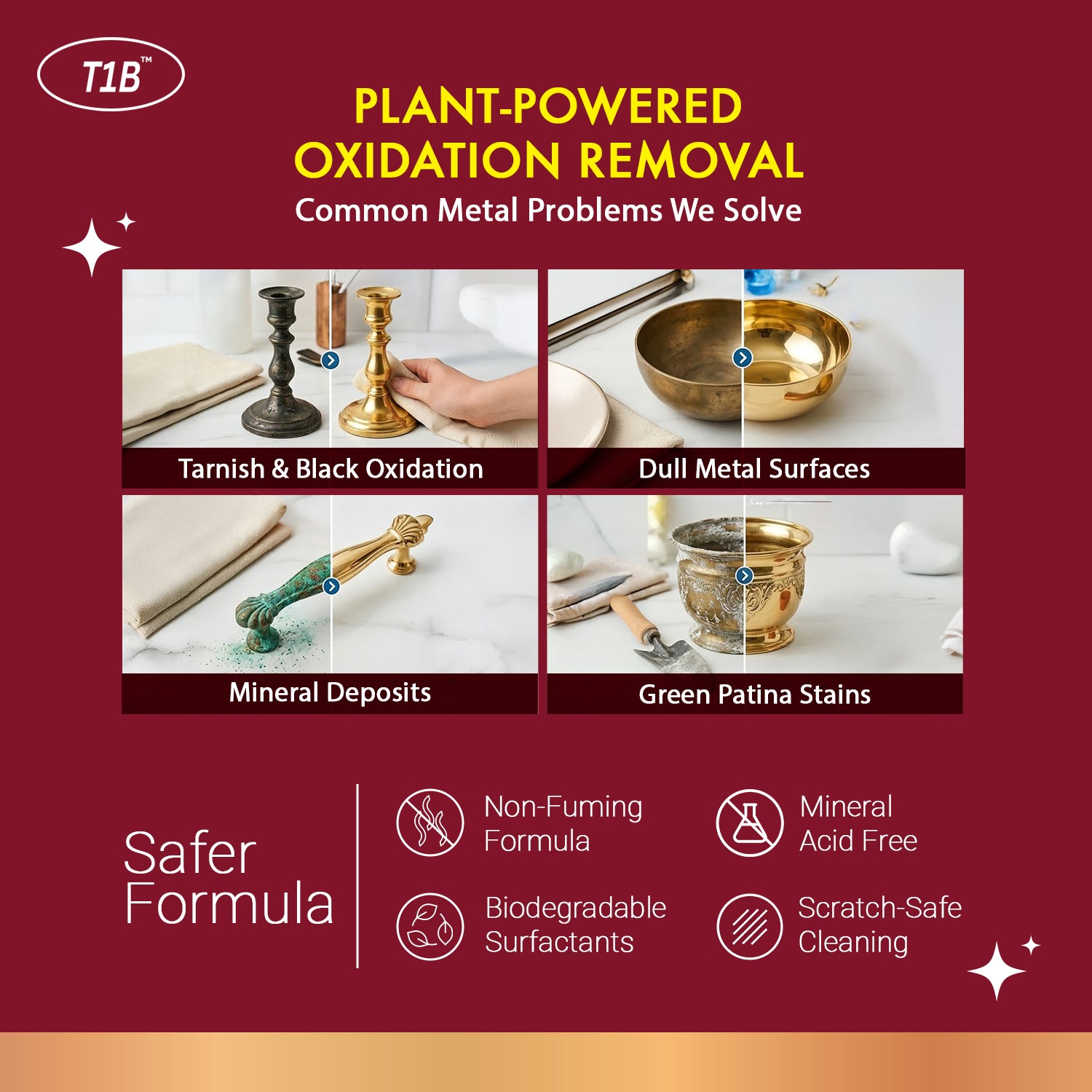 T1B Instant Copper, Brass & Bronze Cleaner Spray | Plant Based Non Toxic Metal Polish | Tarnish & Oxidation Removal for Utensils, Idols, Diyas, Cookware & Drinkware | Zero Abrasives & Scratches(150ml)