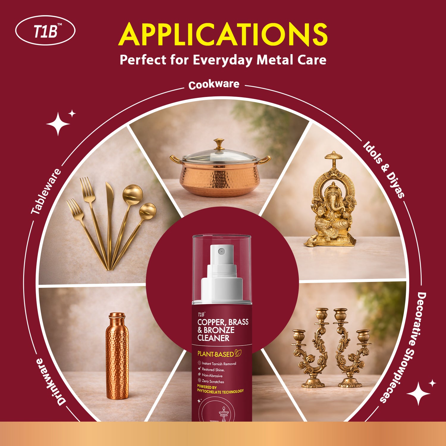T1B Instant Copper, Brass & Bronze Cleaner Spray | Plant Based Non Toxic Metal Polish | Tarnish & Oxidation Removal for Utensils, Idols, Diyas, Cookware & Drinkware | Zero Abrasives & Scratches(150ml)