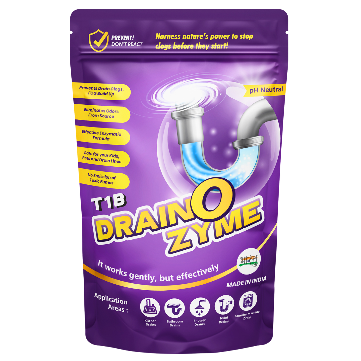 T1B Drain O Zyme - Enzyme Based Drain Cleaner, Eliminates Drainage Smell, Drainage Block Remover Prevents Clogs and FOG Buildup, Safe For All Pipes & Eco-Friendly, 2 Months Supply (Pack of 1-250 gm)