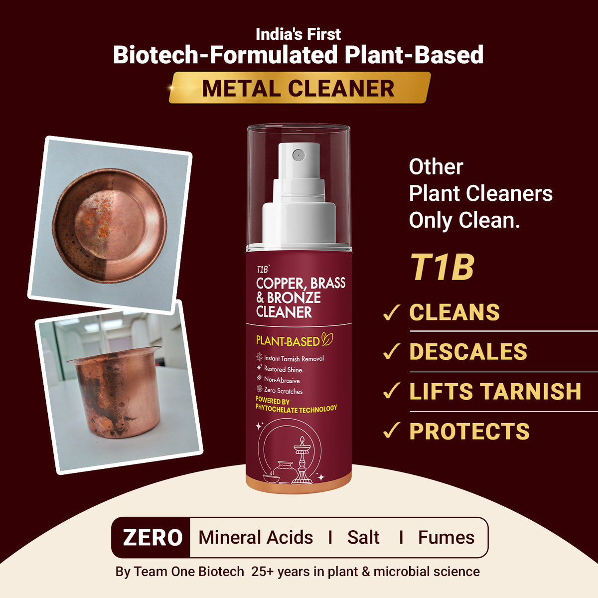 T1B Instant Copper, Brass & Bronze Cleaner Spray | Plant Based Non Toxic Metal Polish | Tarnish & Oxidation Removal for Utensils, Idols, Diyas, Cookware & Drinkware | Zero Abrasives & Scratches(150ml)