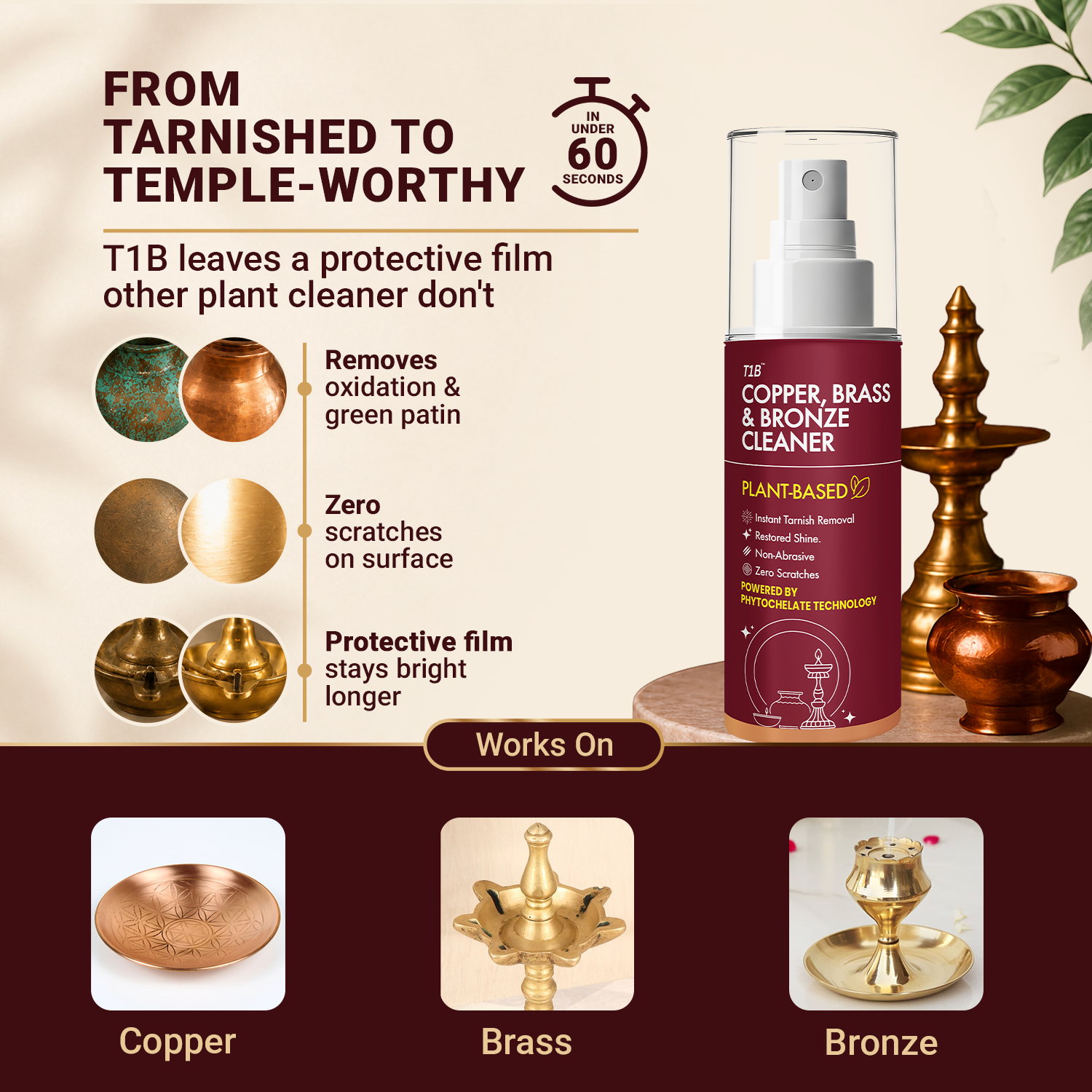 T1B Instant Copper, Brass & Bronze Cleaner Spray | Plant Based Non Toxic Metal Polish | Tarnish & Oxidation Removal for Utensils, Idols, Diyas, Cookware & Drinkware | Zero Abrasives & Scratches(150ml)
