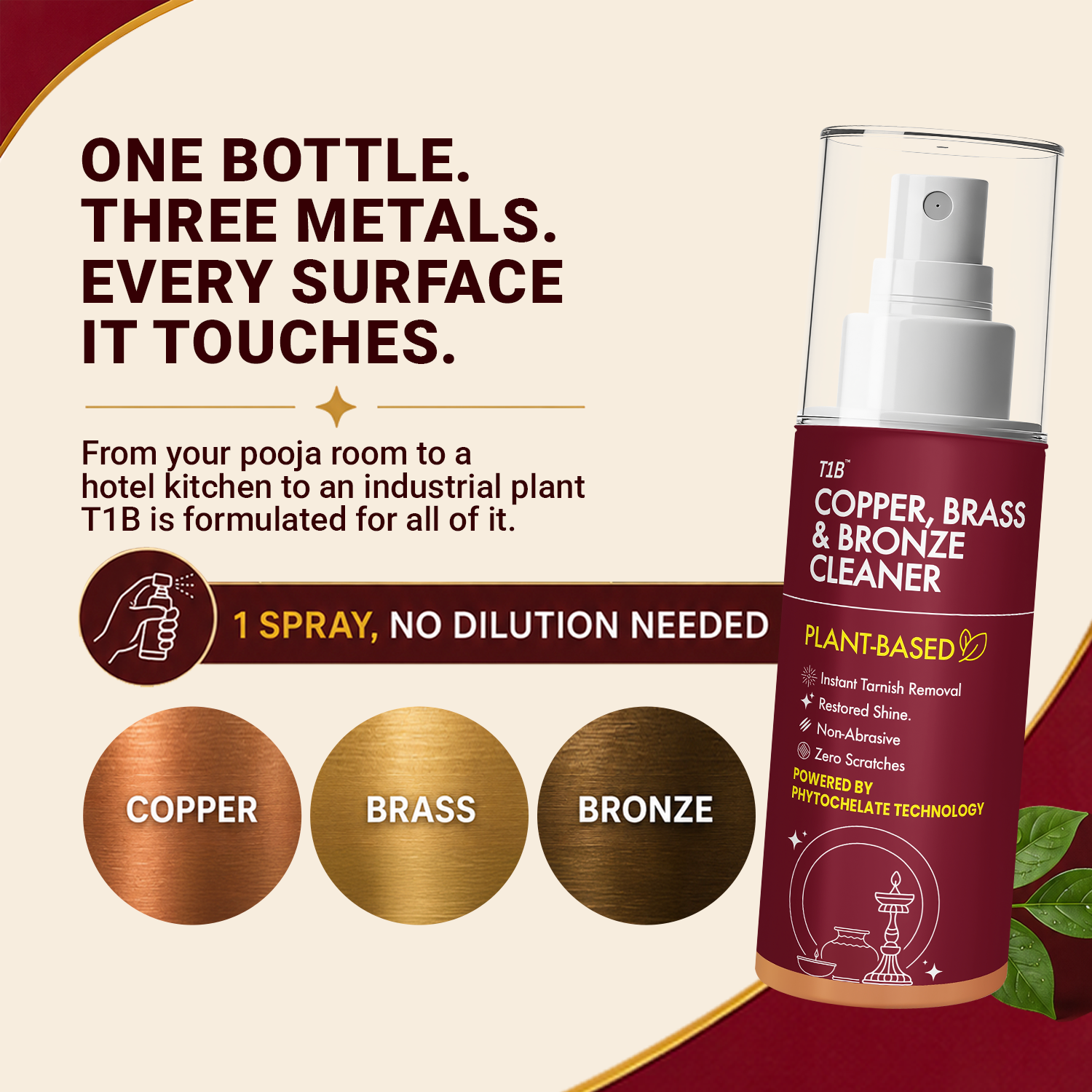 T1B Instant Copper, Brass & Bronze Cleaner Spray | Plant Based Non Toxic Metal Polish | Tarnish & Oxidation Removal for Utensils, Idols, Diyas, Cookware & Drinkware | Zero Abrasives & Scratches(150ml)