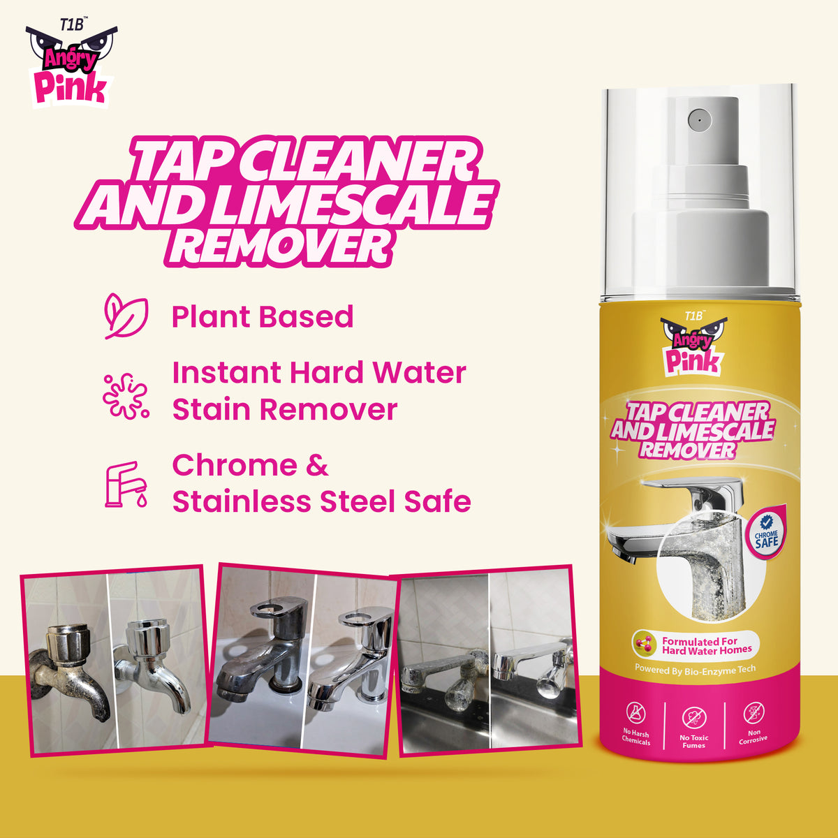 T1B Powerful Tap & Shower Cleaner Spray | Limescale & Hard Water Stain Remover | Plant-Based Bathroom Cleaner for Taps, Basins, Tiles, Mirrors - Chrome Safe | Home & Commercial Use - 150ml