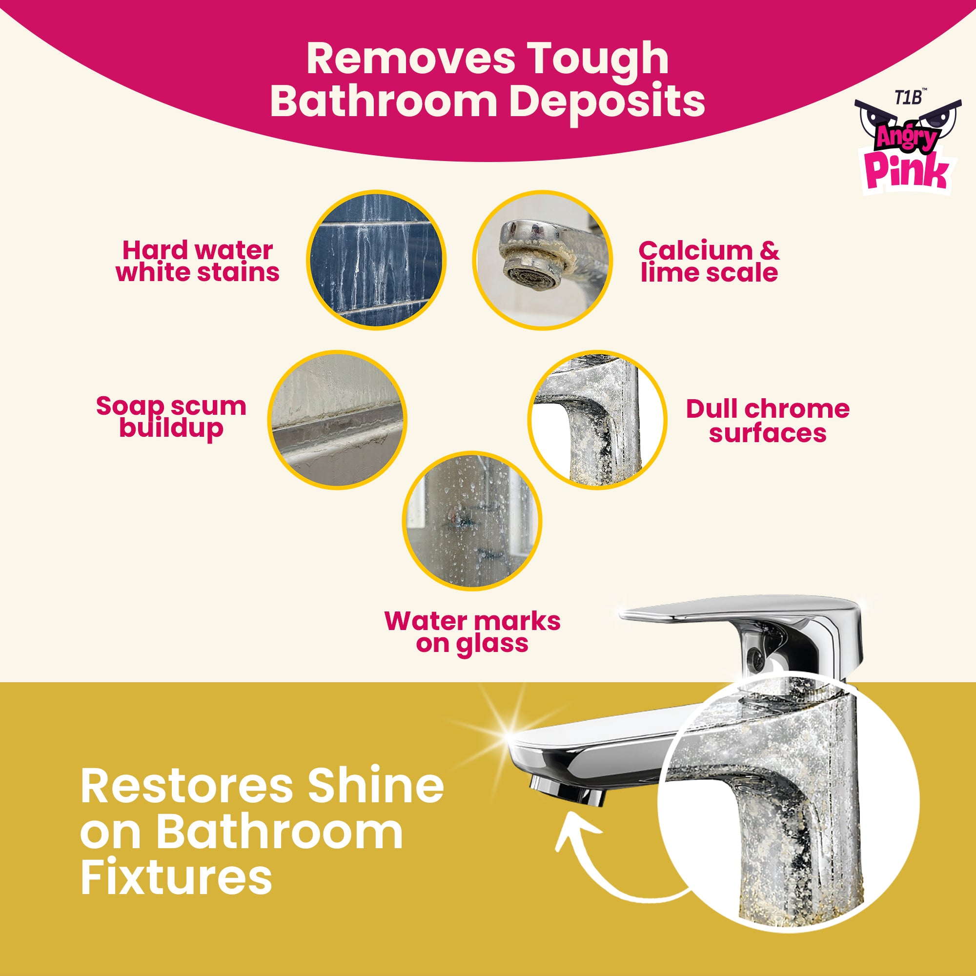 T1B Powerful Tap & Shower Cleaner Spray | Limescale & Hard Water Stain Remover | Plant-Based Bathroom Cleaner for Taps, Basins, Tiles, Mirrors - Chrome Safe | Home & Commercial Use - 150ml