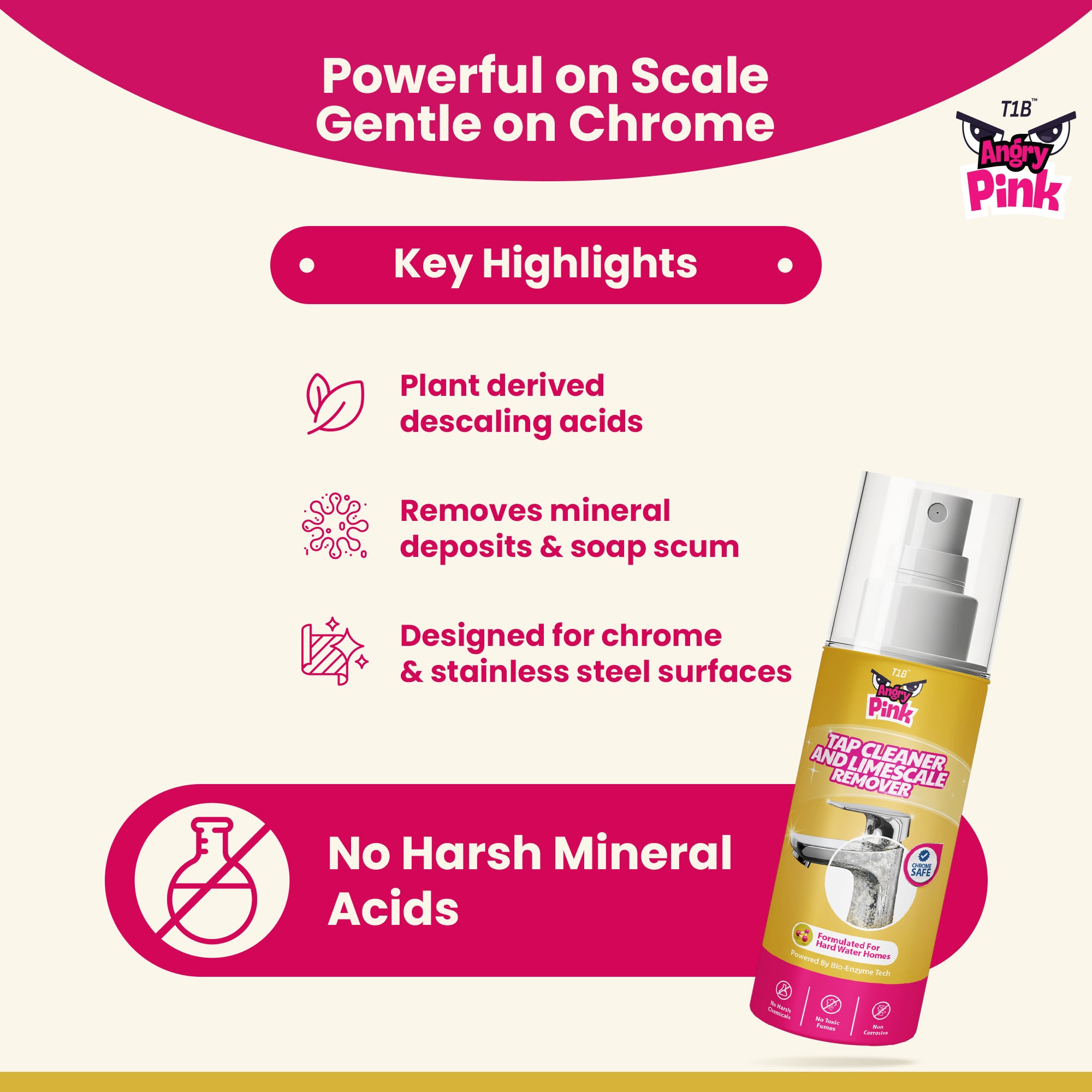 T1B Powerful Tap & Shower Cleaner Spray | Limescale & Hard Water Stain Remover | Plant-Based Bathroom Cleaner for Taps, Basins, Tiles, Mirrors - Chrome Safe | Home & Commercial Use - 150ml