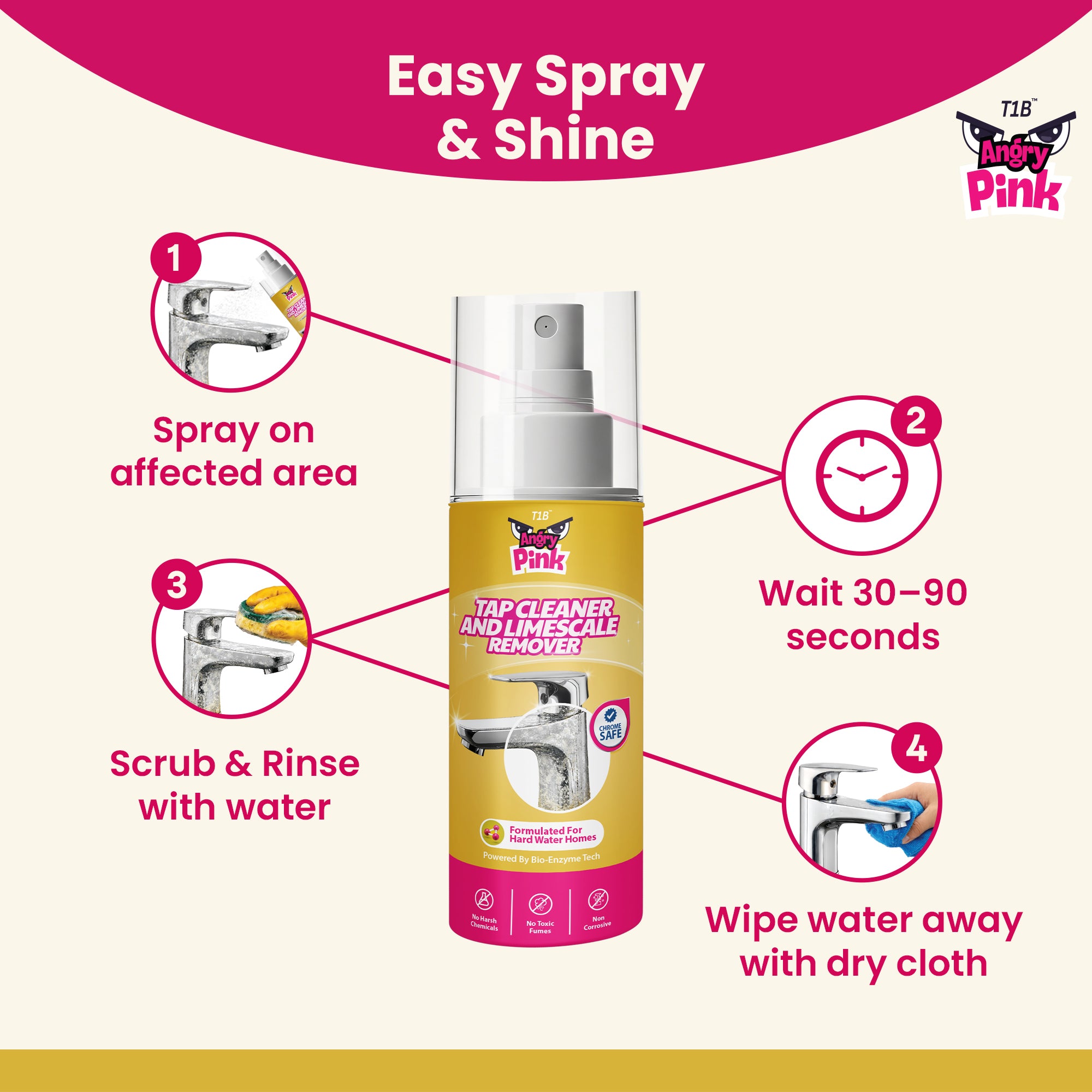 T1B Powerful Tap & Shower Cleaner Spray | Limescale & Hard Water Stain Remover | Plant-Based Bathroom Cleaner for Taps, Basins, Tiles, Mirrors - Chrome Safe | Home & Commercial Use - 150ml